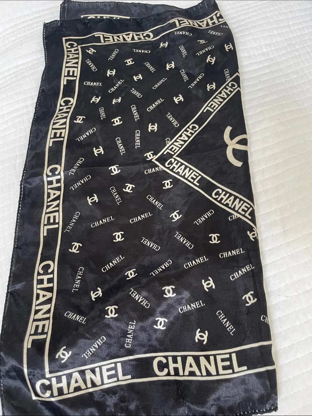CHANEL Black and Cream Signature Silk Square Scarf